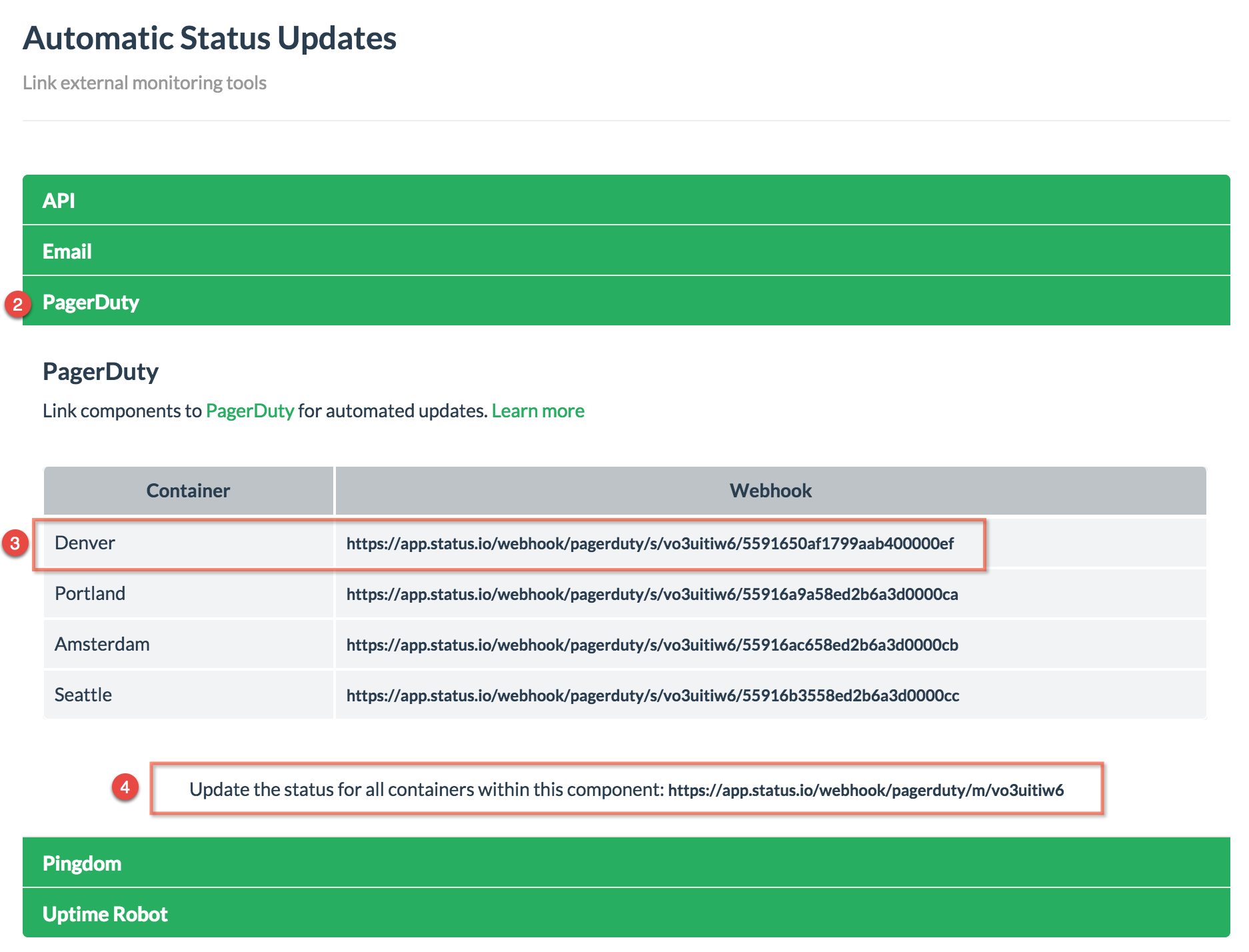 Status update. Тестирование webhook. Апдейт статуса шаблон. PAGERDUTY interface.